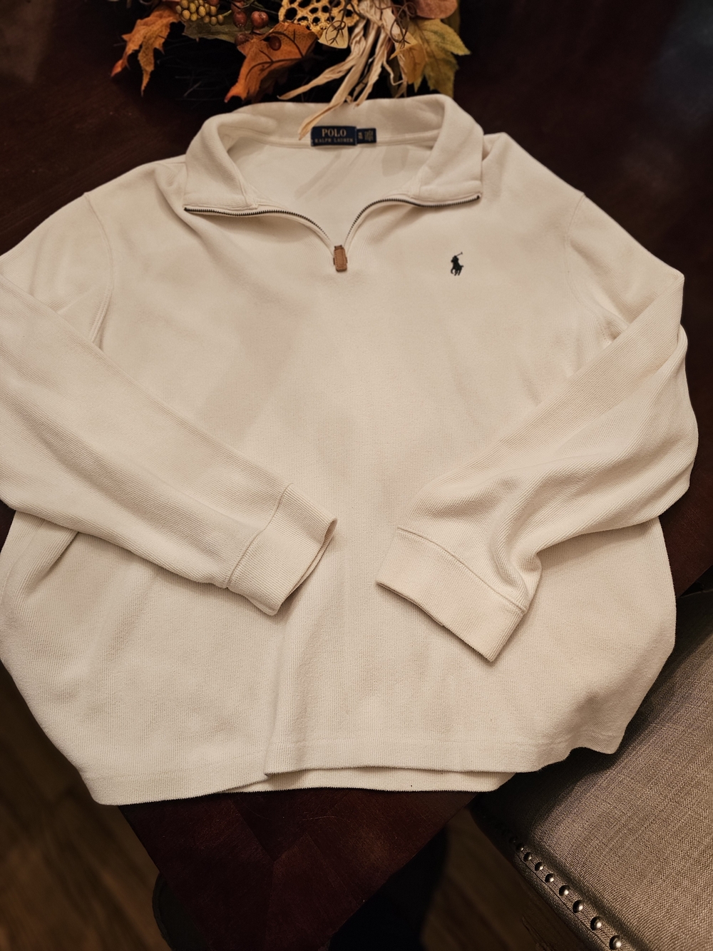 Ralph Lauren Men’s Cream Quarter-Zip Sweater with Navy Pony